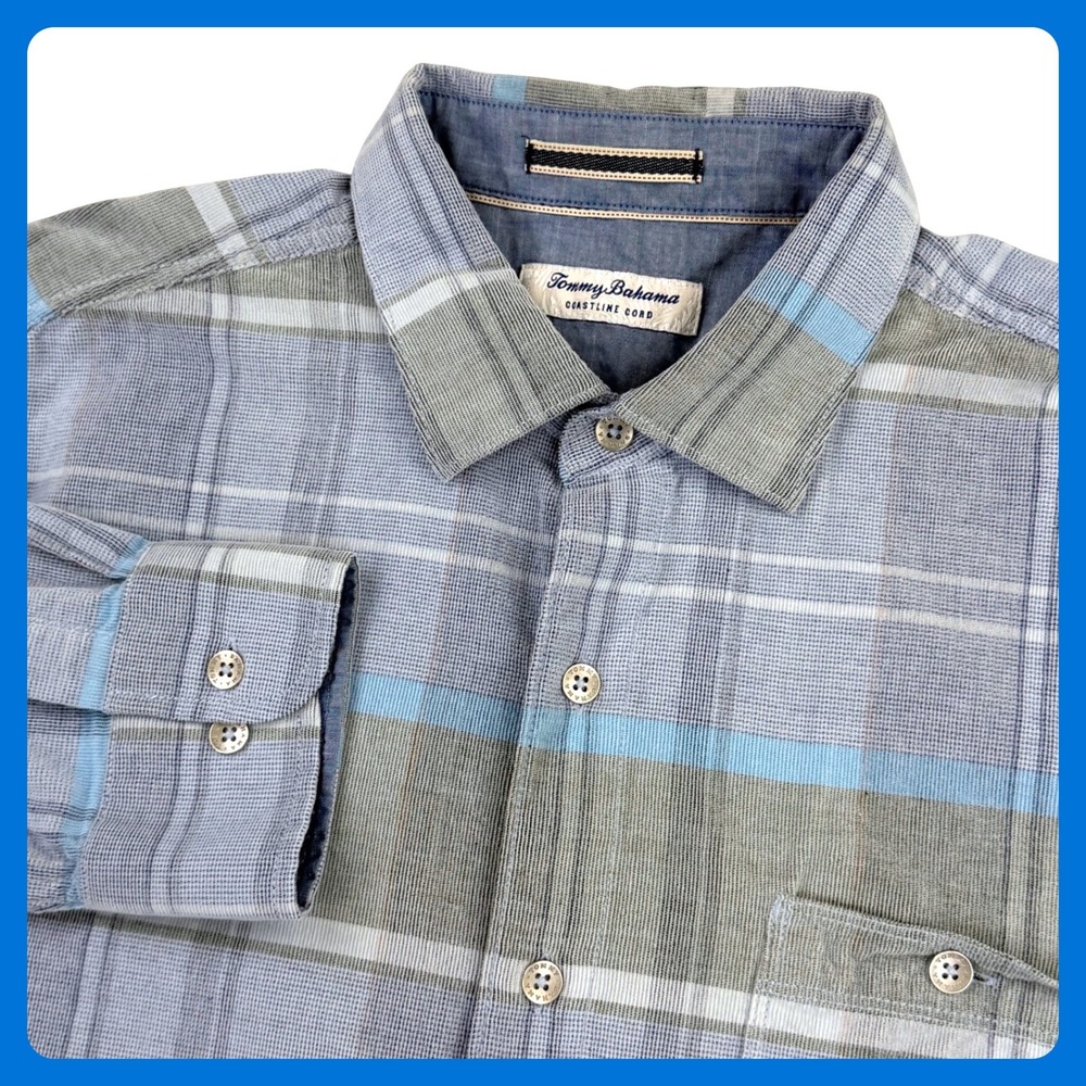 Tommy Bahama Coastline Cord Shirt Men Large Blue Plaid Cotton Long Sleeve Button